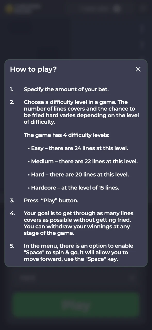 Screenshot of the rules section in the Chicken Road app.