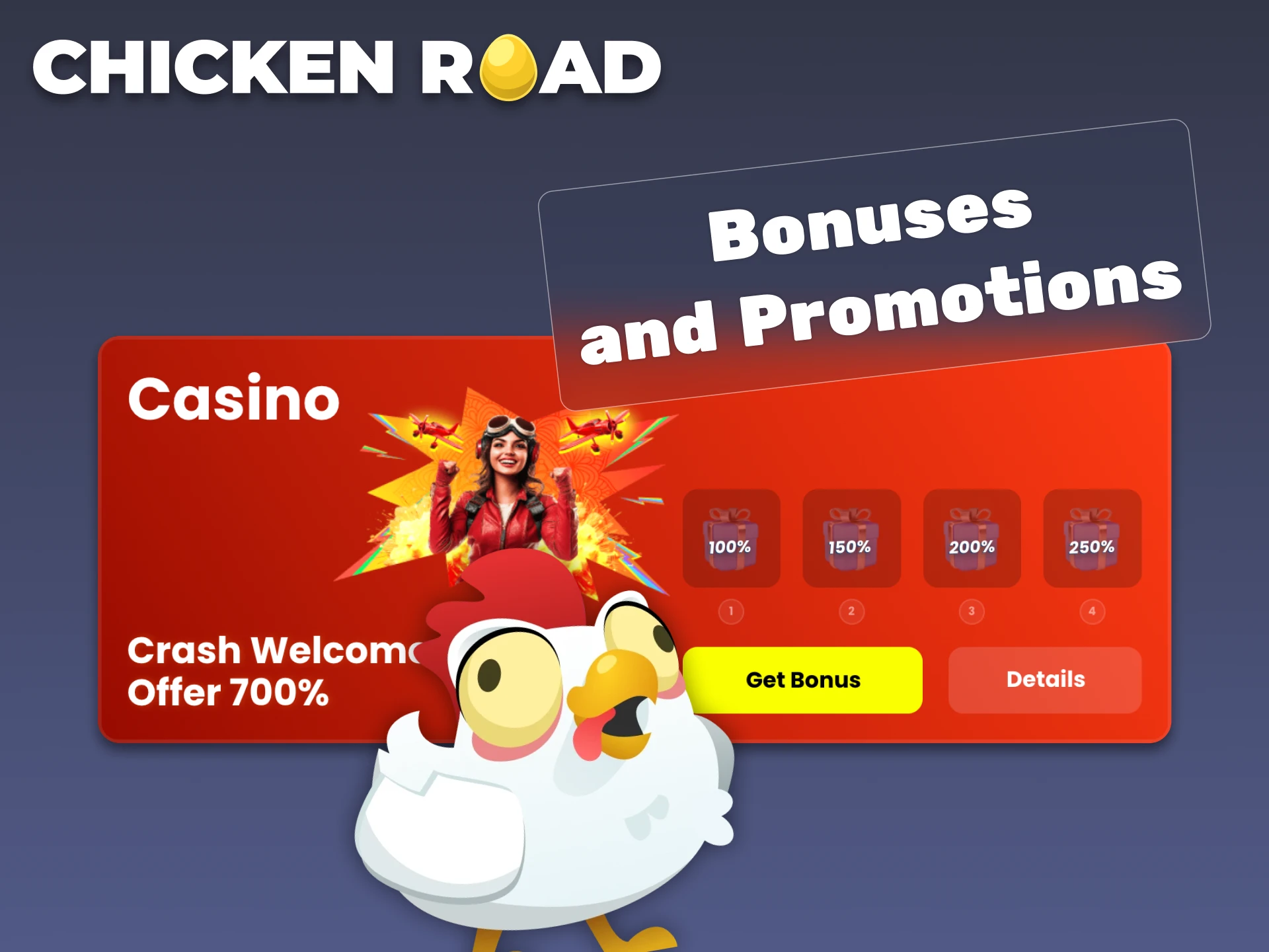 You can get deposit bonuses, cashback, free bets, and other promotions in Chicken Road online game.