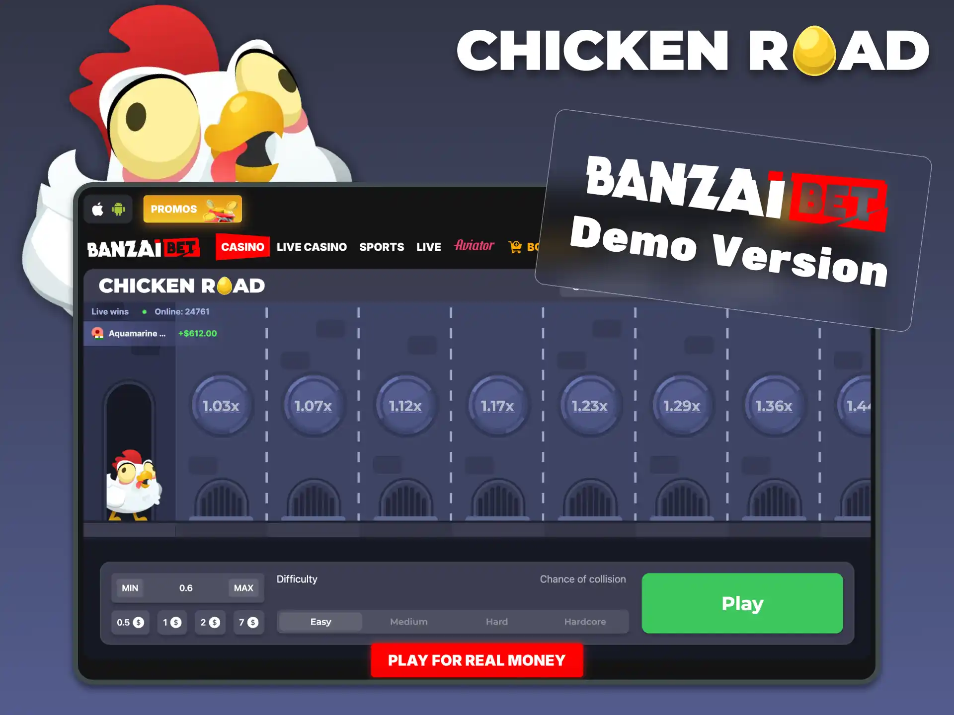Chicken Road demo mode at BanzaiBet with virtual credits and no risk gameplay.