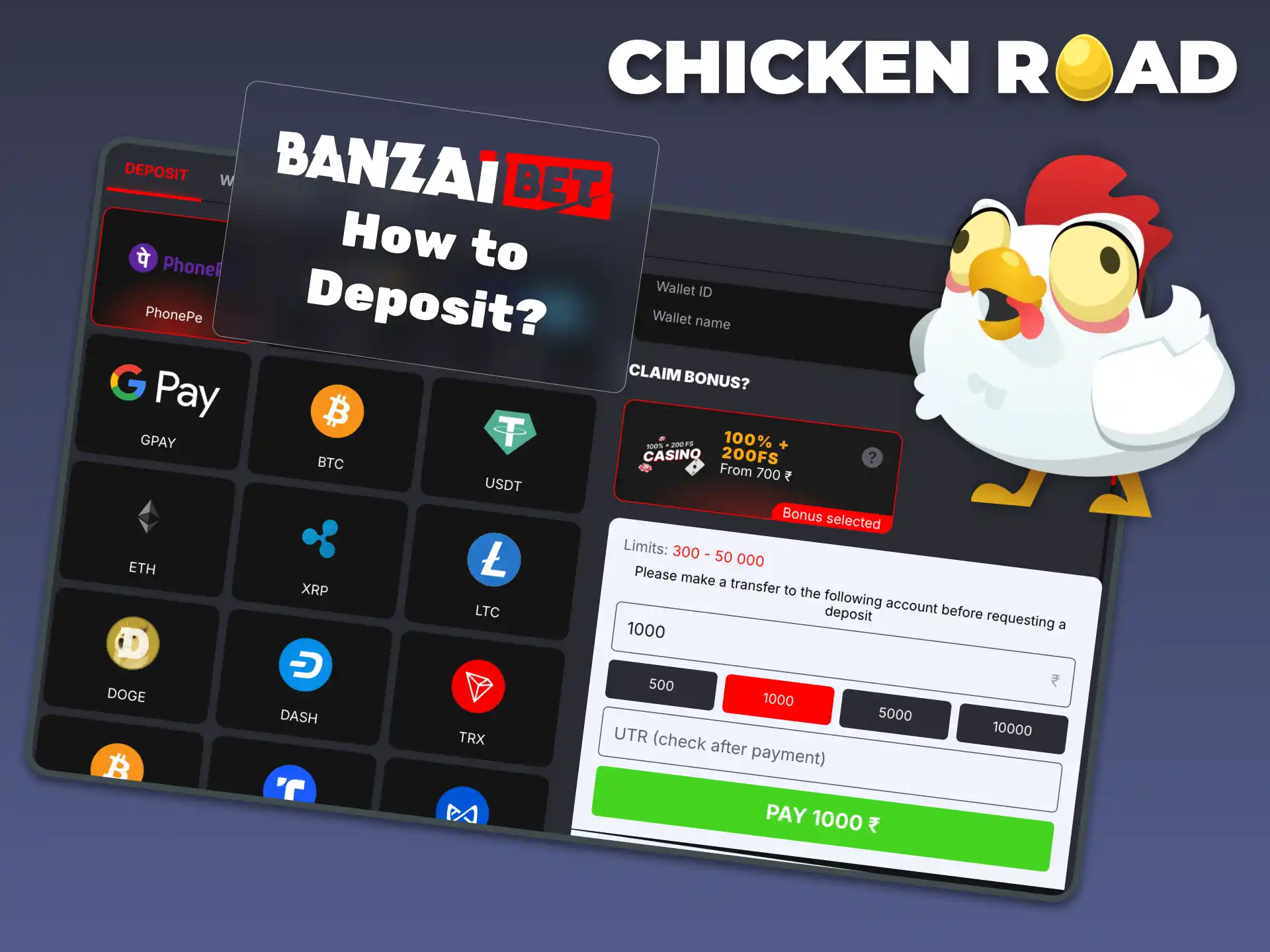 Deposit money into your BanzaiBet account to start playing Chicken Road online instantly.