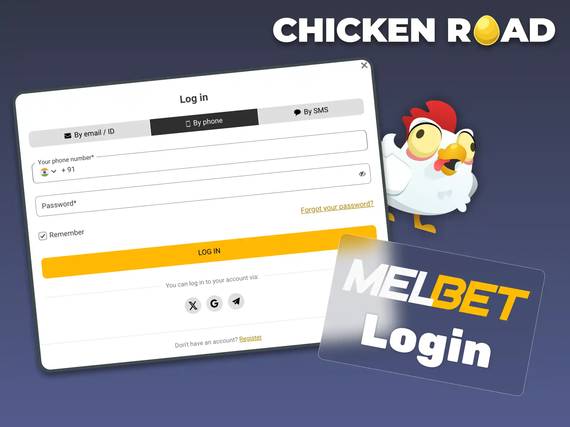Log in to your Melbet account using email or phone number to start playing Chicken Road.