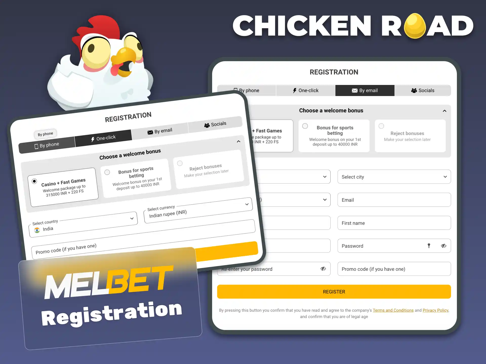 Register on Melbet via phone, email, or social media to start Chicken Road.