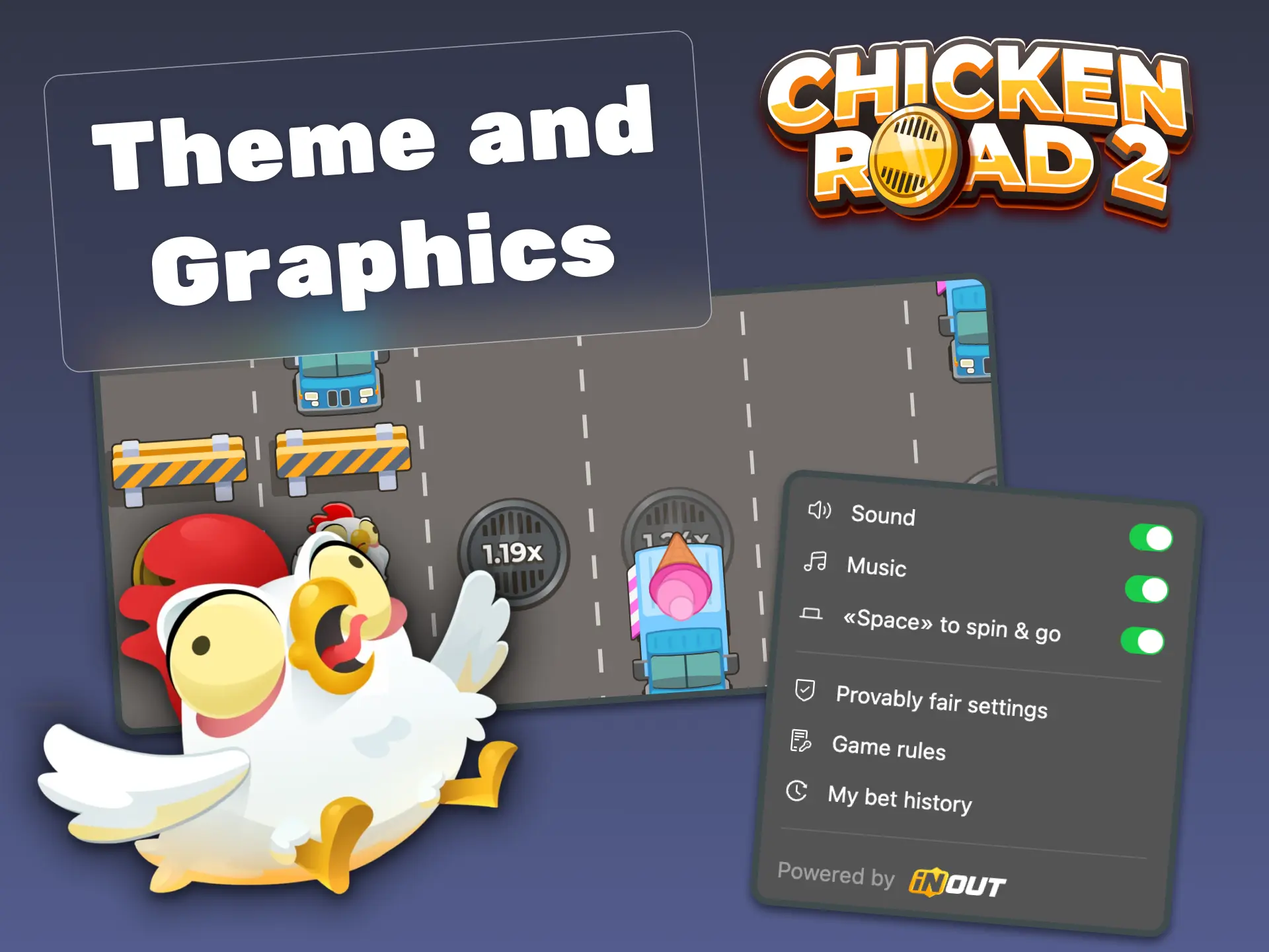 Play Chicken Road 2 and experience fun sounds and lively cartoon visuals.