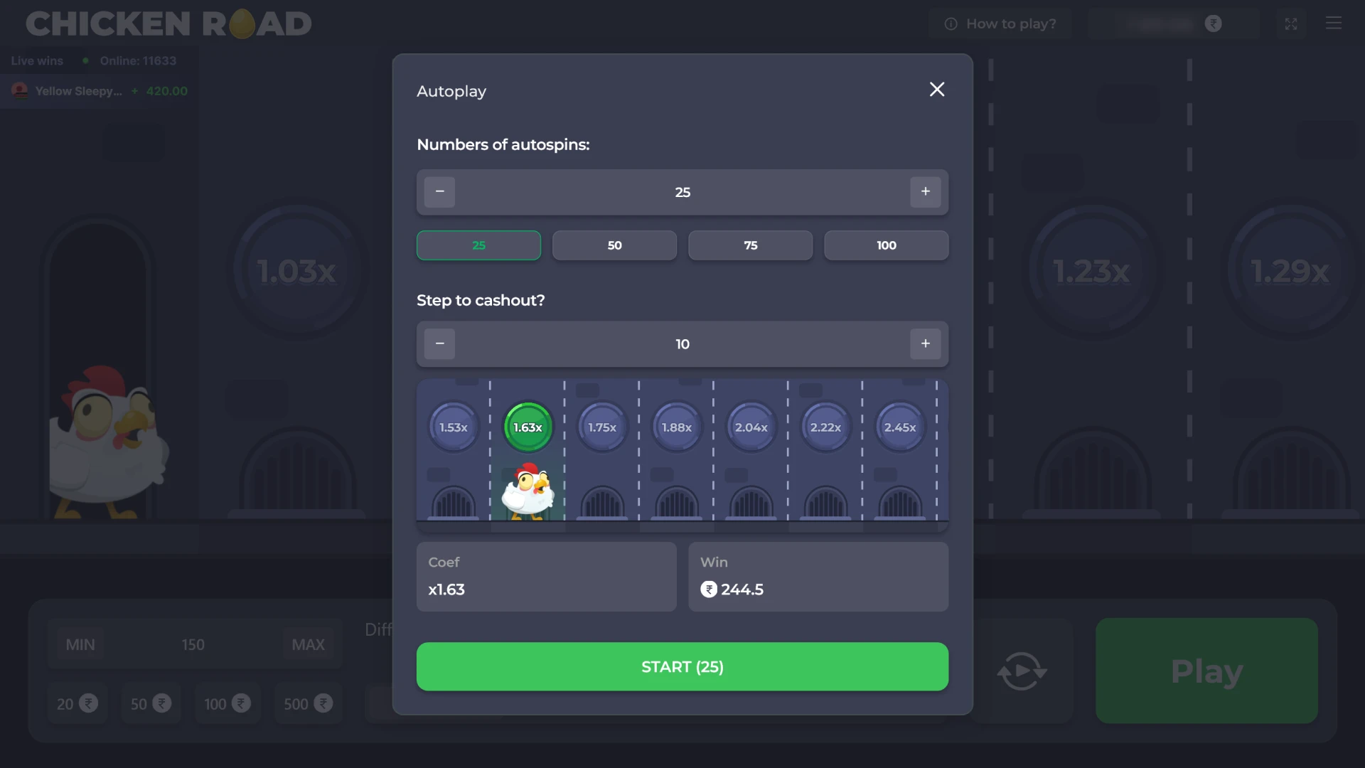 Autoplay settings of the Chicken Road slot.