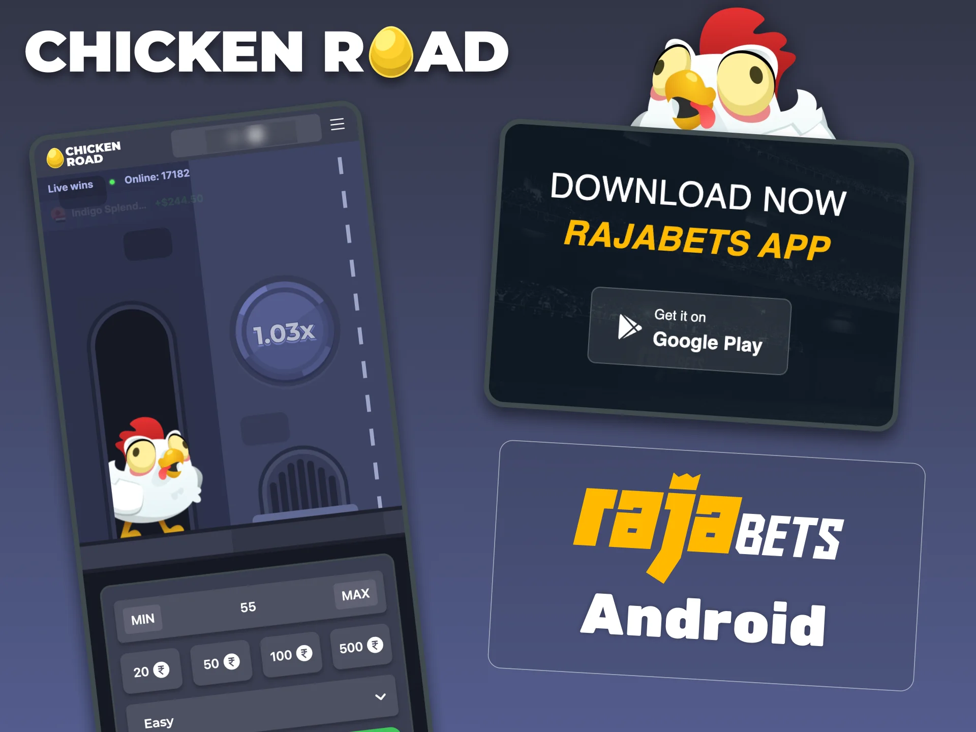 Download RajaBets on Android and play Chicken Road anytime.