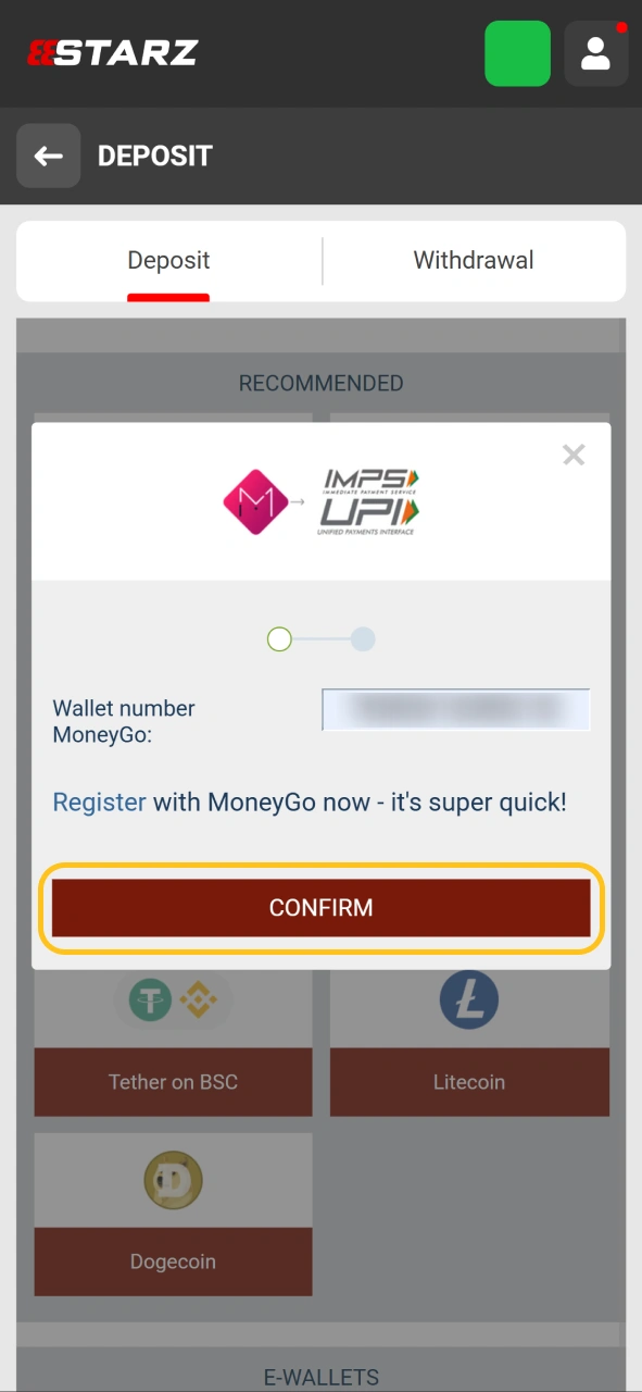 Click the confirm button to finalize your deposit transaction at Chicken Road.