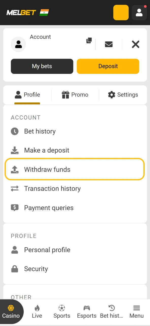 Navigate to the profile section and click on withdraw funds after playing Chicken Road.
